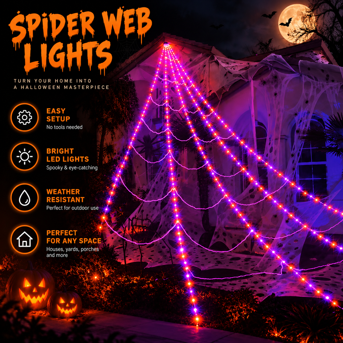 Giant Purple LED Halloween Web Lights